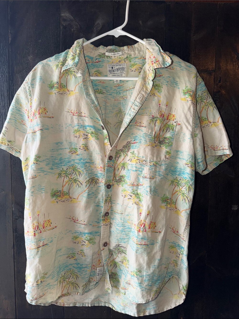 Lucky Brand Cream Tropical Print Short Sleeve Button-Down Shirt